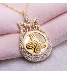 925 Ayar Gümüş Altın Kaplama Tuğralı Lale Kolye Model 2