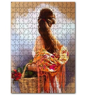 Cakapuzzle Çiçekçi Kadın Kolunda Sepet Arka Yan Profil Puzzle Yapboz MDF (Ahşap) (120 Parça)