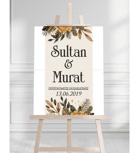 Söz Nişan Düğün İçin 50x70 Karşılama Panosu - Sonbahar Çiçek ve Yaprak Tasarımlı 003