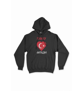 Antalya Türkiye Bayraklı Kalpli Siyah Sweatshirt Hoodie