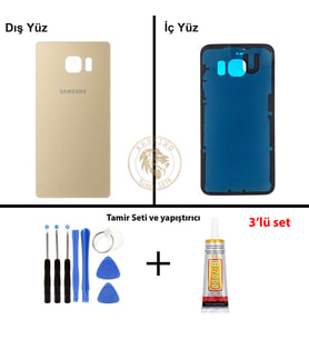 Samsung Galaxy S6 Edge Gold Renk Arka Kapak + Tamir Seti + B7000 Yapıştırıcı Arka Cam Batarya Kapağı Pil Kapağı Lazer Kesim Back Cover Galaxy S6 Edge Uyumlu
