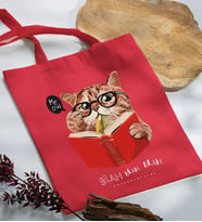 BK Gift Kedi Tasarımlı Kırmızı Kumaş Bez Çanta, Baskılı Omuz Çantası, Alışveriş Çantası, Arkadaşa Hediye-5