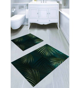 Yeşil Yaprak Desenli Banyo Halısı Klozet Paspas Seti BS049