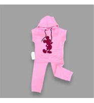 3-4-5 Yaş Kapşonlu Payetli Mickey Desenli Kısa Kol 2li Kız Erkek Çuk Takımı Pembe