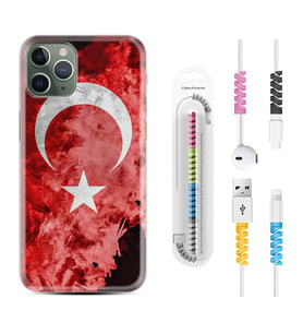 Apple iPhone 11 12 13 14 Pro Max Kılıf Kablo Koruma Spiral Silikon Şanlı Türk Bayrağı 3 1395