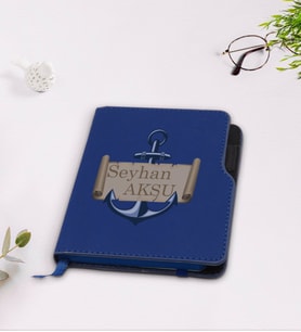 BK Gift Kişiye Özel Çapa Tasarımlı Lacivert Termo Deri Defter-3