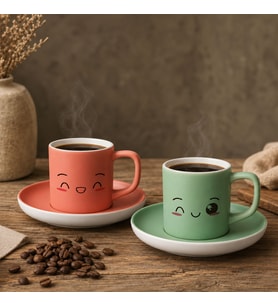 BK Gift 2'li Somon ve Yeşil Renkli Emoji Yüz Tasarımlı Seramik Türk Kahvesi Fincanı Takımı-6