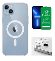 Vendas iPhone 13 Uyumlu ( iPhone 13 ) Magsafe Şarj Destekli Darbe Dirençli Fit Hard Silikon Kılıf + Kamera Lens + Seramik Nano Ekran Koruyucu (Renksiz)