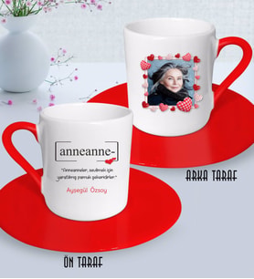 BK Gift Kişiye Özel Fotoğraflı Anneanne Tasarımlı Kırmızı Türk Kahvesi Fincanı-1 (Beyaz)