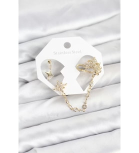Kutup Yıldızı Model Pirinç Gold Renk Zincir Bağlantılı Ear Cuff Küpe Seti - TJ-BKP11550