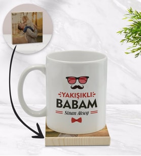BK Gift Kişiye Özel Yakışıklı Babam Tasarımlı Beyaz Kupa Bardak ve Ahşap Bardak Altlığı Hediye Seti - Model 3