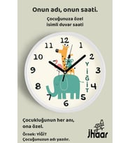 İsme Özel Sevimli Hayvanlar Çocuk Odası Duvar Saati Orta Boy 30 cm Beyaz Camlı Sessiz