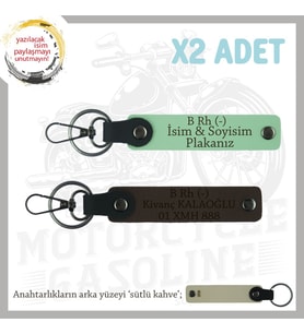 Motor Tutkunlarına Özel, İsim Plaka ve B Rh (-) Kan Grubu Yazılı x2 Anahtarlık, Yeşil-K Kahve-SK (Çok Renkli)