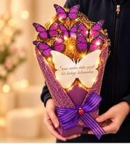 LED Işıklı Aynalı Mor Kelebek Buketi 35 cm Sevgiliye Romantik Hediye