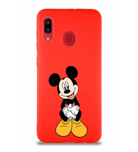 Samsung Galaxy A30 Soft Premier Kapak Mickey Mouse-A Tasarımlı Silikon Kılıf - Kırmızı (Şeffaf)