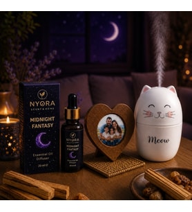 NYORA Kişiye Özel Ahşap Kalp Çerçeve Meow Temalı H2O Hava Nemlendirici Cihaz Midnight Fantasy Kokulu 20 Ml Damlalıklı Aroma Terapi Esansiyel Yağ