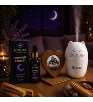 NYORA Kişiye Özel Ahşap Kalp Çerçeve Meow Temalı H2O Hava Nemlendirici Cihaz Midnight Fantasy Kokulu 20 Ml Damlalıklı Aroma Terapi Esansiyel Yağ