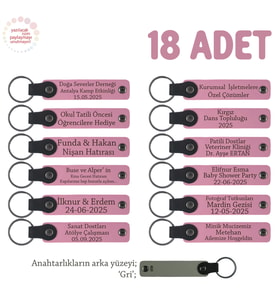 Pembe & Gri, Okul Öncesi Öğrencilerine Hediye, 18'li Set, Öğrenci İsmi Yazılı Deri Anahtarlık