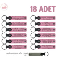 Pembe & Gri, Okul Öncesi Öğrencilerine Hediye, 18'li Set, Öğrenci İsmi Yazılı Deri Anahtarlık