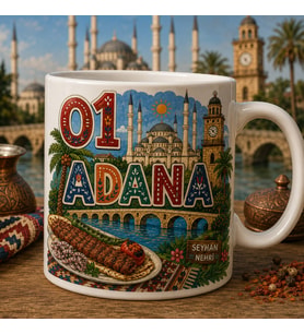 Adana Temalı Hediyelik Kupa Bardak - 01 Plaka Geleneksel El Boyaması ve Çini Motifli Özel Tasarım Kupa