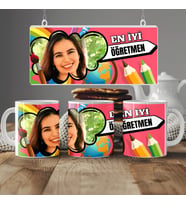 En İyi Öğretmen Yazılı Fotoğraflı Kupa Bardak, Öğretmenler için Kişiye Özel Hediye, 330ml, Beyaz (Doğal Beyaz)