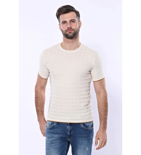 Kendinden Desenli Örme Krem Bisiklet Yaka T-shirt  - Wessi