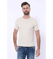 Kendinden Desenli Örme Krem Bisiklet Yaka T-shirt  - Wessi