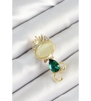 Yeşil Damla Zirkon Taşlı Kraliçe Taçlı Kedi Figürlü Gold Renk Kadın Broş 5 - SSSSSS5868-8