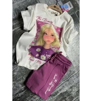 Kız Çocuk Papatya Ve The Beauty Yazı Baskılı Penye T-Shirt Mor Şortlu Takım