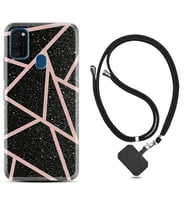 Samsung M21 M22 M23 M30 M31S M32 Kılıf Boyun Askılı Silikon Pembe Şeritli Mermer 1312