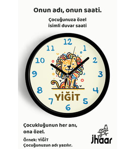 İsme Özel Sevimli Aslan Çocuk Odası Duvar Saati Orta Boy 30 cm Siyah Camlı Sessiz