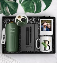 Kişiye Özel Çelik 500 ML Dereceli Termos & Kişiye Özel Defter & Deri Kılıflı Touch Pen Kalem & Kişiye Özel Kupa & Kişiye Özel Fotoğraf Çerçevesi Hediye Seti