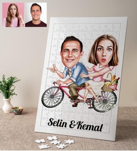 Karikatürlü Bisikletli Sevgililer Kişiye Özel Puzzle