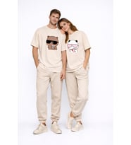 Sevgili Kombini Panda Bardak Baskılı Çift Tişört Oversize Unisex Partner Kombin Çift Seti Hediye (Bej)