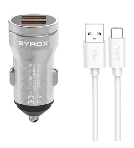 Syrox SC20T 3.1A Q.C. 3.0 1mt USB-A - Type-C Kablolu 2xUSB-A Çıkışlı Hızlı Araç Şarj Cihazı - Gri