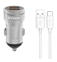 Syrox SC20T 3.1A Q.C. 3.0 1mt USB-A - Type-C Kablolu 2xUSB-A Çıkışlı Hızlı Araç Şarj Cihazı - Gri