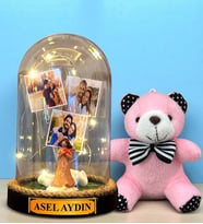 Size Özel Tasarlanacak Led Işıklı Fanus ve Pembe Peluş Anahtarlık Hediye Seti (Model 9)