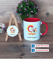 Grafiker Kupa Bardak Kırmızı ve Ahşap Anahtarlık Hediye (Model 1)