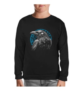 Raven Bird in Front of a Viking Rune Siyah Çocuk Sweatshirt