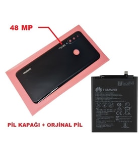 Tkgz Huawei Uyumlu P30 Lite Arka Pil Batarya Kapağı + PİL ( Kamera Lensli 48 MP) SİYAH