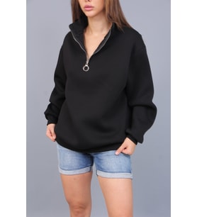 Hande Kadın Yarım Fermuarlı Yaka Üç İplik Sweatshirt HANDE-3785 (Siyah)