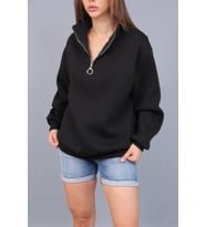 Hande Kadın Yarım Fermuarlı Yaka Üç İplik Sweatshirt HANDE-3785 (Siyah)