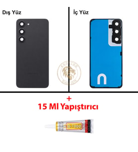 Samsung Galaxy S23 Siyah Renk Lensli Arka Kapak + B7000 Yapıştırıcı Arka Cam Batarya Kapağı Pil Kapağı Lazer Kesim Back Cover Galaxy S23 Uyumlu
