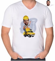 BK Gift Kişiye Özel Erkek Yol Mühendisi Karikatürlü V Yaka Tişört-1 (Beyaz)