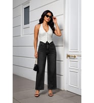 Kadın Gri Yüksek Bel Wide Leg Jean Pantolon