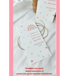 50 Adet Pembe Gökkuşağı Makrome Kartı - İstediğiniz Yazı Yazılır - 9x19cm (Kahverengi)