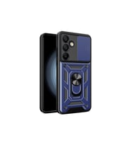Teknomoda Samsung Galaxy S25 FE Kılıf Yüzüklü Standlı Sürgülü Kamera Korumalı Tank Sert Silikon Kapak (Lacivert)