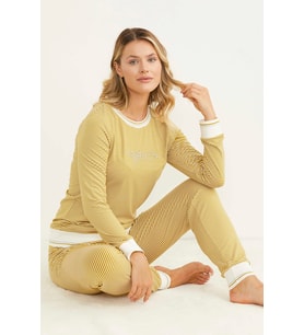 Çizgili Sıfır Yaka Pijama Takım - Hardal
