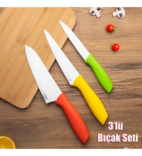 Porsima 3155 - 3'lü Bıçak Seti Meyve, Et Doğrama Bıçağı Şef Bıçakları Kaliteli Sağlam Bıçaklar 28 x 27.5 x 22 Sarı-Turuncu-Yeşil