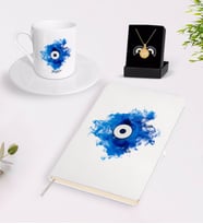 BK Gift Kişiye Özel Nazar Temalı Beyaz Defter Türk Kahvesi Fincanı ve Açılan Nazar Kolye Hediye Seti-2 (Model 1)